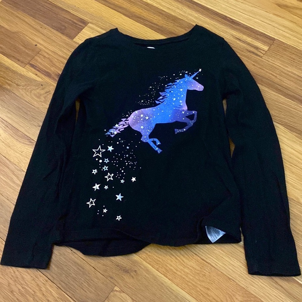 GAP Girl’s Black Long Sleeve T Shirt With Unicorn Design Size M